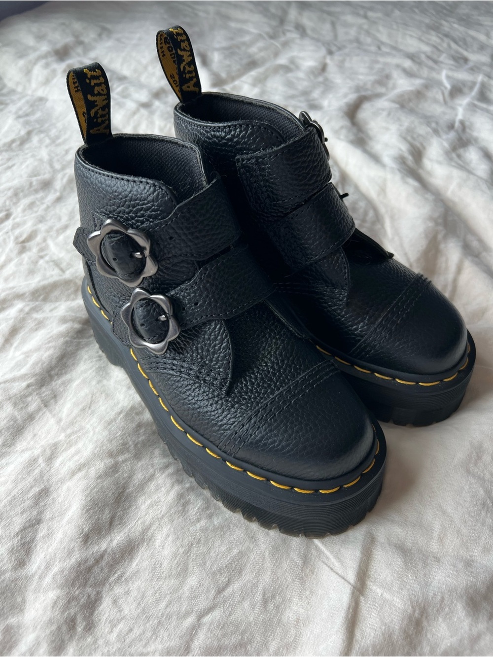 Dr. Martens Black Leather Ankle Boots with Yellow Heel Tabs